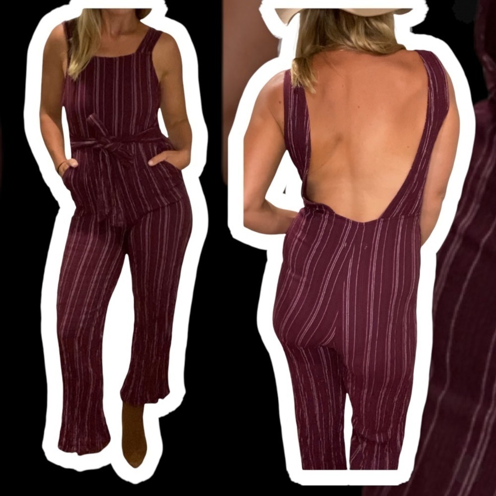 Moon river anthro maroon striped jumpsuit